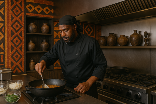 Chef sénégalais du restaurant préparant une spécialité traditionnelle.