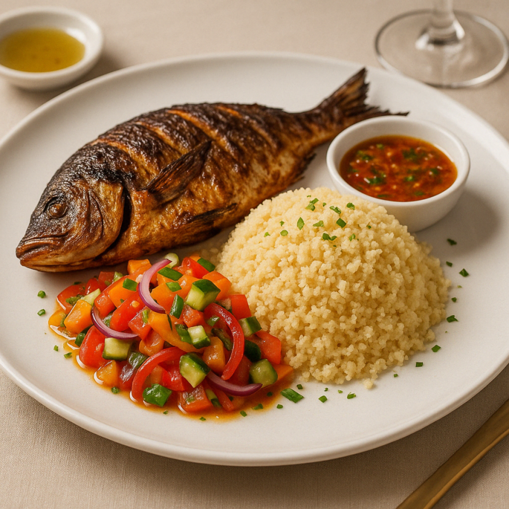 Attiéké avec du poisson, spécialité ivoirienne servie au restaurant Ubuntu de notre menu