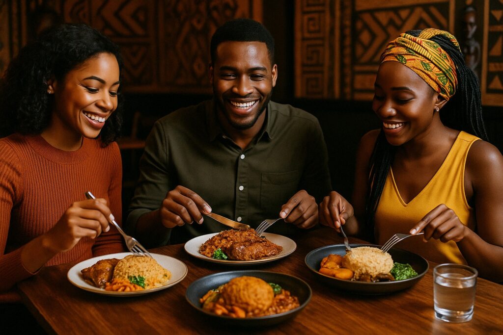 Trois clients partageant un moment convivial autour d'un des plats africains au restaurant Ubuntu