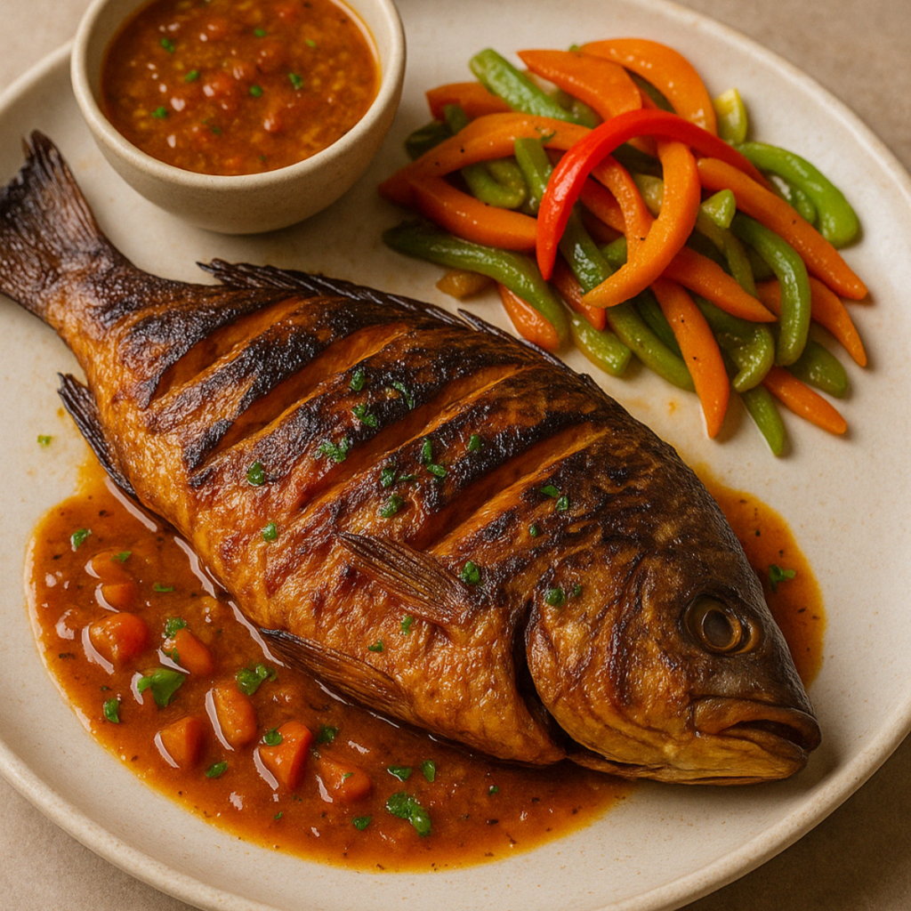 Poisson braisé, spécialité camerounaise servie au restaurant Ubuntu de notre menu