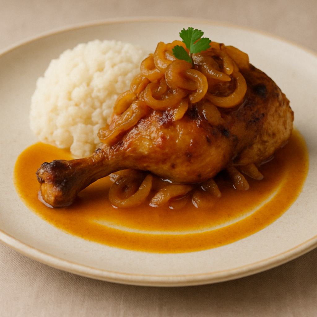 Poulet yassa traditionnel du Sénégal servi au restaurant Ubuntu de notre menu