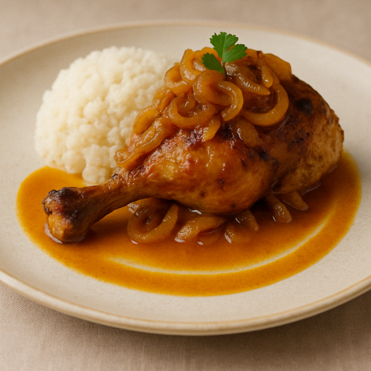 Poulet yassa traditionnel du Sénégal servi au restaurant Ubuntu